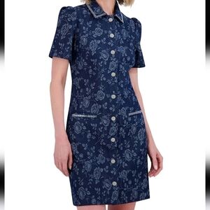 Eliza JPetite Floral Print Puff-Sleeve Denim Shirt Dress Size 8